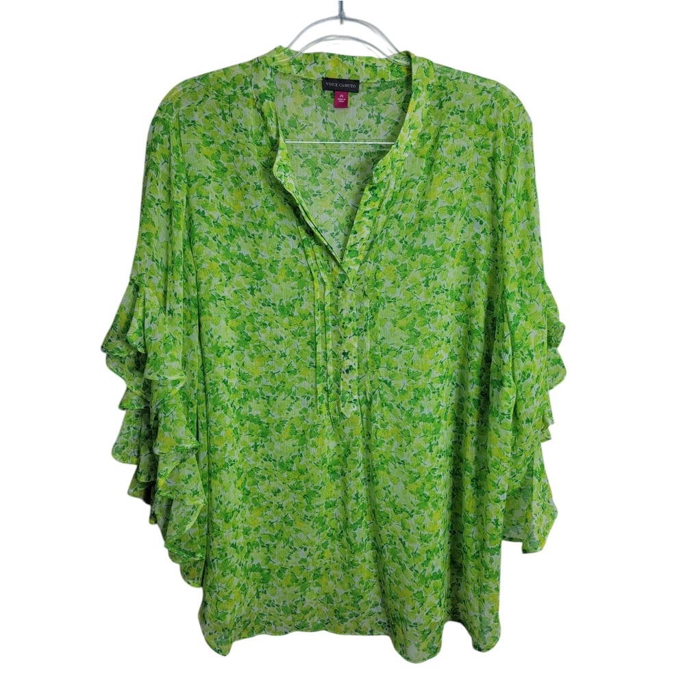 Vince Camuto Womens 2X Blouse Green Floral Ruffle Tiered Sleeve V-Neck Chiffon